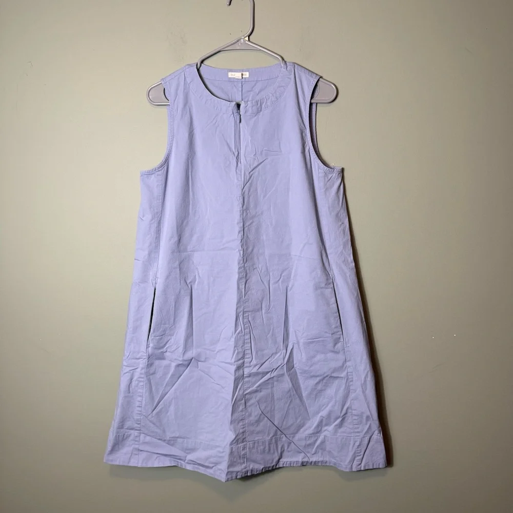 EILEEN FISHER ZIP NECK POCKETS BLUE ORGANIC COTTON SLEEVELESS DRESS SIZE S/P